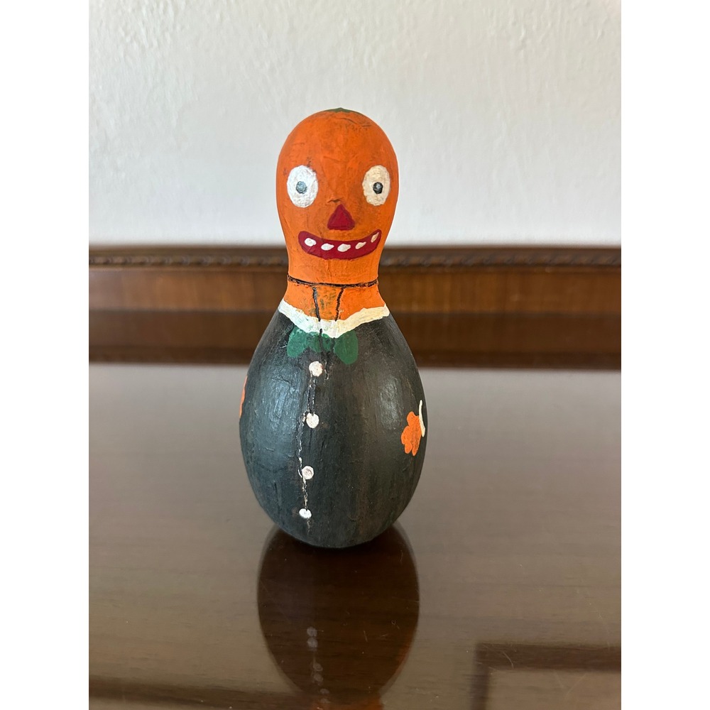 Vtg Halloween Pumpkin Bowling Pin Gourd Figurine Folk Art Candy Container 6.5''